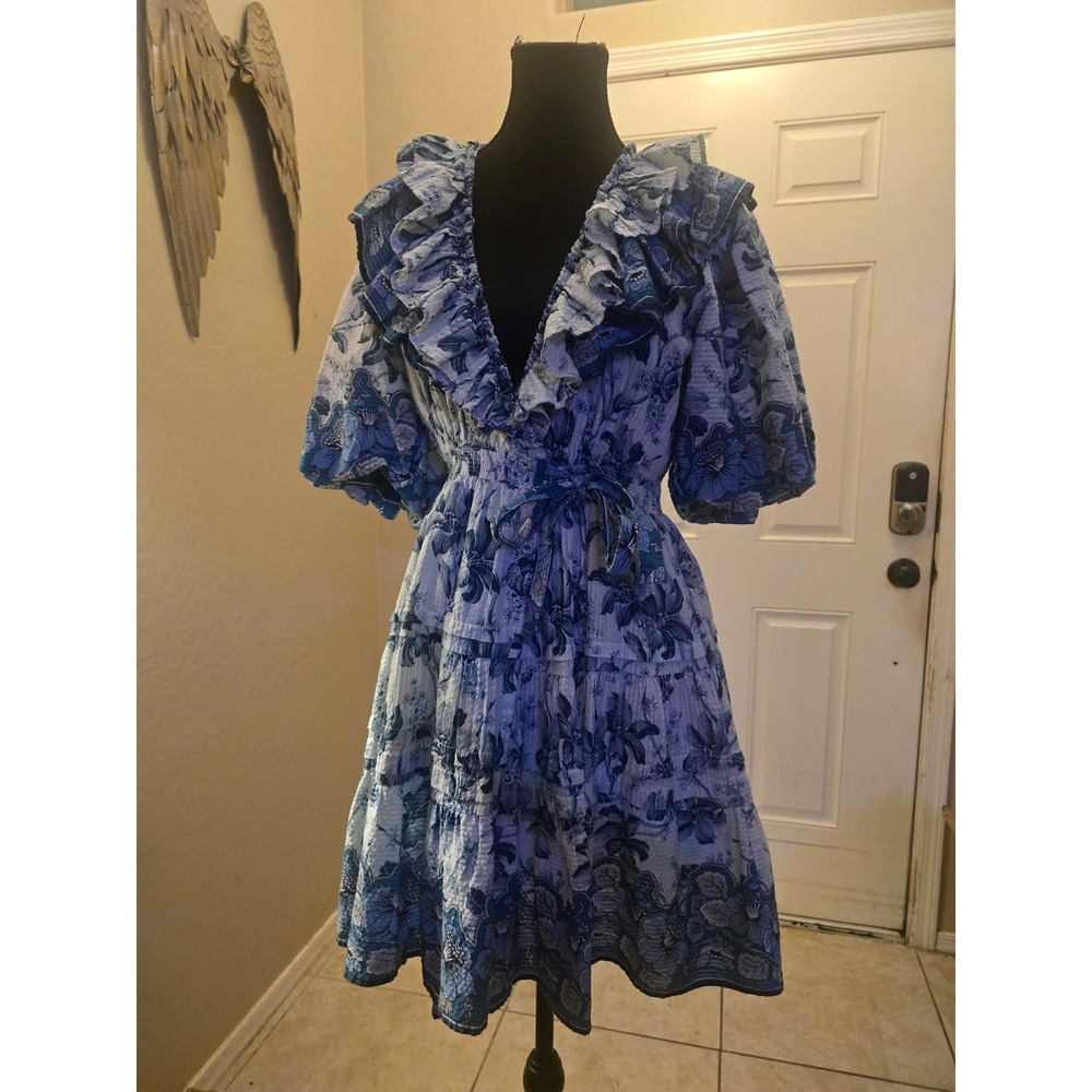 Love the Label XS Blue Floral Ruffle Tiered Cotton Mini Dress Puff Sleeve